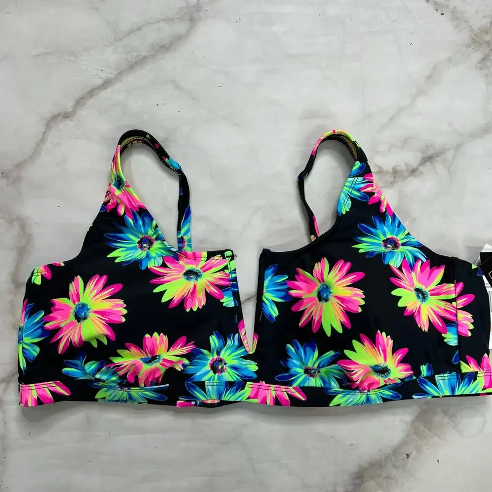 California Waves Plus Gerber Daisy Bikini Top Black Neon Size 2 (20/22) New V
